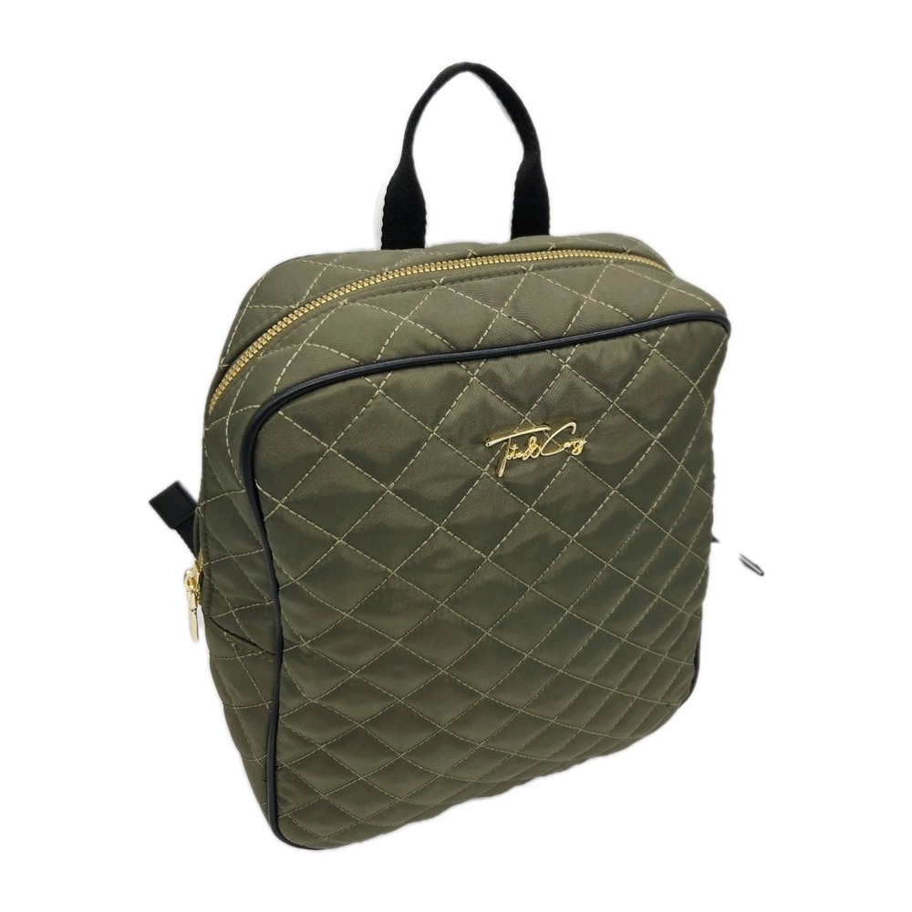 Tote and Carry Olive Green Quilted Backpack Diamond Stitch Pattern Gold Hardware